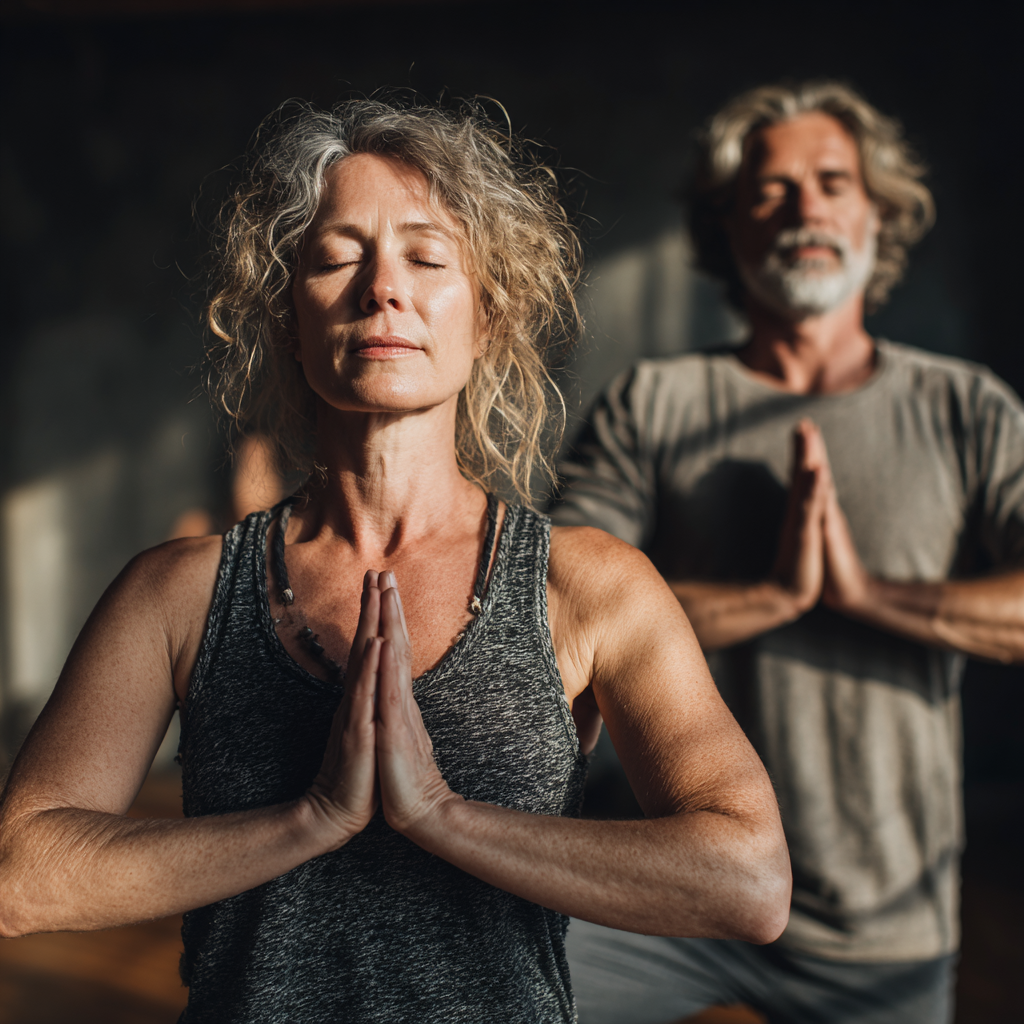 Middle-aged woman and man in their late 40s practicing yoga in peaceful studio setting, both in tree pose with hands in prayer position, natural lighting