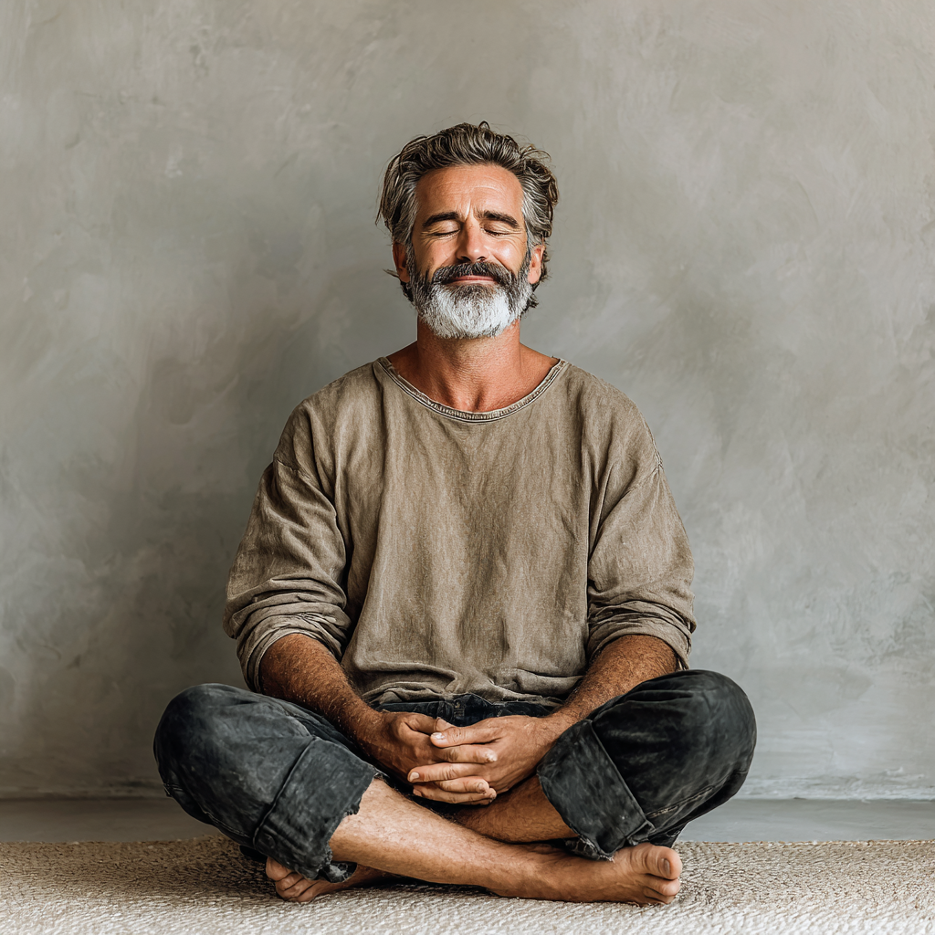 Peaceful 45-year-old man sitting cross-legged in meditation with eyes gently closed, wearing comfortable clothes in minimalist home setting