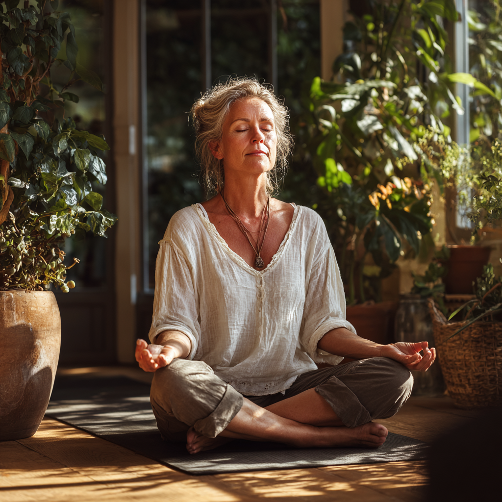 Serene 50-year-old woman meditating in lotus position in natural sunlit yoga studio with plants, eyes closed, peaceful expression